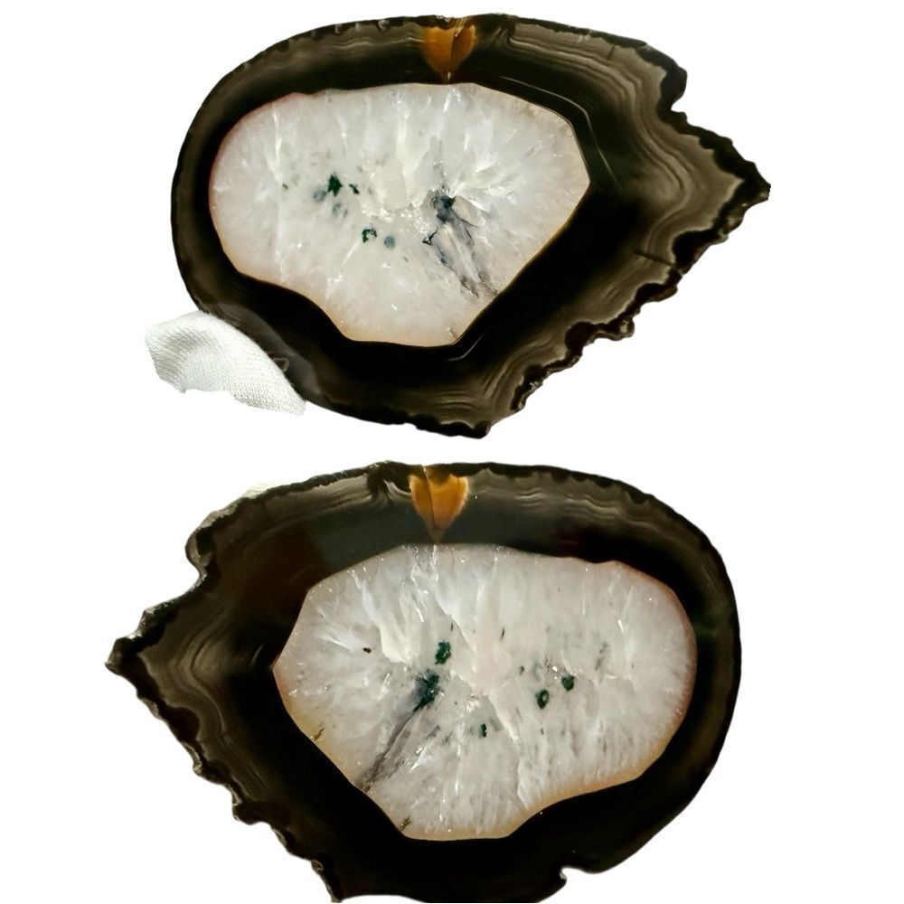 White Crystal Geode Agate Slice & Green Inclusions–Polished Display Stone 4.25”